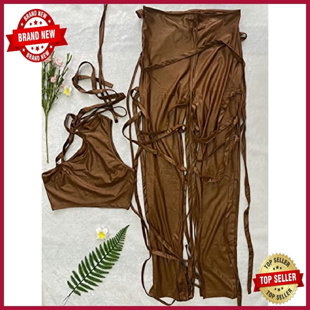 Sexy 2 Piece Bodycon Set, Polyester Spandex, Sleeveless Crop Top & Split Pants - Picture 4 of 5